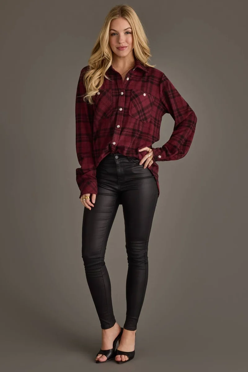 Maroon & Black Plaid Button Up